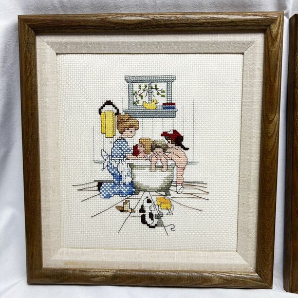 Vintage Framed Needlepoint Cross Stitch Crewel Kids In Bathroom Set of 2 11"x12" - Picture 4 of 11